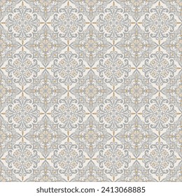 Nahtloses Muster mit klassischem Ornament. Beiger Hintergrund mit siegreichen Ornamenten für Stoff, Keramikfliesen, Tapeten, Design. Stoffdruck für arabischen Schal.
