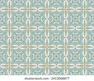 Patrón inquebrantable con adorno clásico. Fondo verde con adornos victorianos para tela, azulejos de cerámica, papel pintado, diseño. Impresión textil para pañuelo árabe.