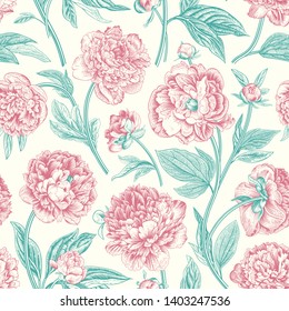 Seamless pattern. Classic peonies. Vector botanical illustration.