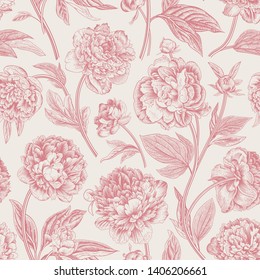 Seamless pattern. Classic peonies. Vector botanical illustration. Coral color