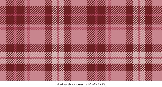 Seamless pattern with a classic plaid design in pink and red shades. It includes intersecting lines and squares that create a traditional tartan look.