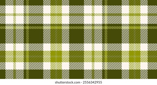 Seamless pattern with classic plaid design in shades of green and white. Pattern features intersecting lines and squares, creating a traditional tartan look. 