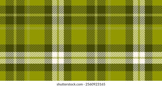 Seamless pattern with a classic plaid design in green and white tones, traditional tartan look. The repetition and symmetry provide a cohesive and visually appealing design, suitable for textiles and