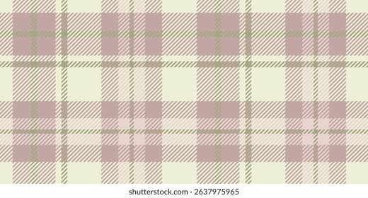 Seamless pattern with classic plaid design in muted tones of beige, light pink, and olive green. Pattern consists of a traditional tartan look.
