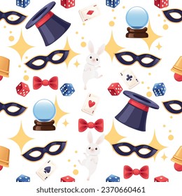 Seamless pattern of classic retro magic tools - wand, hat, bow,playing card and others simple cartoon design vector illustration on white background