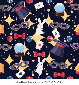 Seamless pattern of classic retro magic tools - wand, hat, bow,playing card and others simple cartoon design vector illustration on dark background