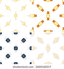 Seamless pattern with classic and smart watches showing different designs and colors