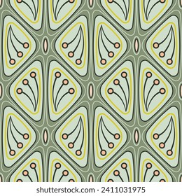 Seamless pattern in classic style. Peach fuzz and green colours. Stilized geometrical ornament from repeating triangles. Vector illustration in soft colors. For printing design projects and cards.