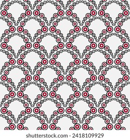 Seamless pattern in classic style with red circles. Calm black gray colours on light gray background. Many rings. Tiles in the shape of an arch. For printing wallpaper, giftpapers, textile.