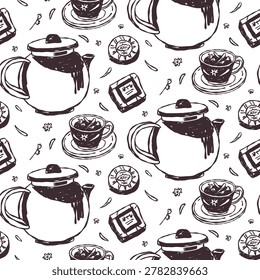 Seamless pattern with classic teapots, floral tea cups on saucers, packets, and small leaves. Hand drawn line art doodle for kitchen wallpaper, cafe menus, or organic tea branding textile design