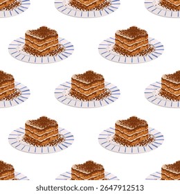 Padrão perfeito com fatias de tiramisu clássicas. Ilustração de sobremesa vetorial desenhada à mão para marca de café, embalagem de pastelaria, gráficos de menu, impressões têxteis, papéis de embalagem e visuais de produtos doces