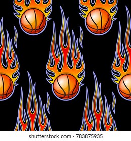 Seamless pattern with classic tribal flames and basketball isolated on black background. Vector illustration.