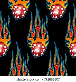 Seamless Pattern With Classic Tribal Hotrod Muscle Car Flames And Dice Graphic Isolated On Black Background.