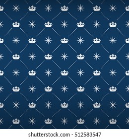 Seamless pattern with classic white crown and magic star ornament signs in style of fashion on royal blue shining background with polka dot border fill out. Design for wallpapers and textile print.