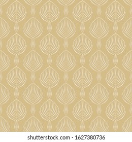 Seamless pattern. Classic yellow textile background color. Leaf shape pattern with small circles.