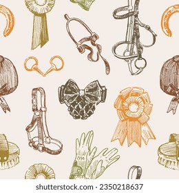 Seamless pattern with classical equestrian tack and clothing items, hand drawn vintage style, horse harness, sport wear and accessories