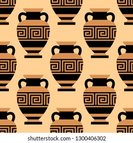 Seamless pattern of classical greek amphoras, ceramic pots with ornament,