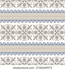 Patrón sin fisuras motivos griegos clásicos estilizados acanthus palmette centro, borde clave del traste, meandro floral. Elegante paleta dorada y azul. Clave griega. Típica frontera egipcia, asiria y griega
