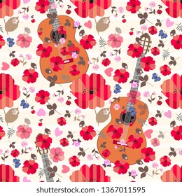 Seamless pattern with classical guitars and various flowers on them.