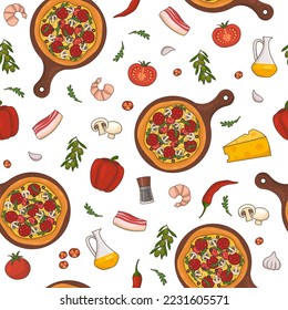 Seamless pattern with classical italian foods. Hand drawn illustrations of pizza. Useful for restaurant identity, packaging, menu design and interior decorating