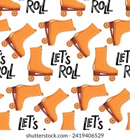 Seamless pattern with Classical Roller skates. Lets Roll skating. Skating Shoe Hand Drawn flat Vector sketch background for wallpaper, textile, wrapper. Active, Healthy lifestyle, activity 90s