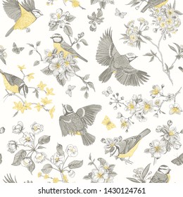 Seamless pattern. Classis vintage illustration. Blossom garden with tits. Birds and flowers. Yellow and gray
