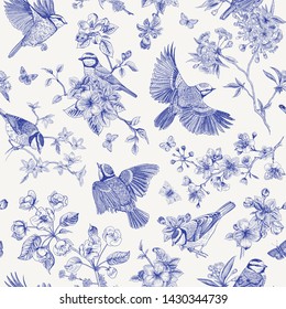 Seamless Pattern. Classis Vintage Illustration. Blossom Garden With Tits. Birds And Flowers. Chinoiserie