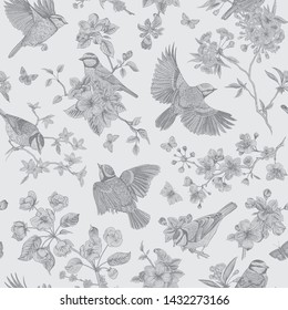  Patrón sin problemas. Ilustración vintage del chasis. Jardín de flores con tetas. Aves y flores. Toile de Jouy
