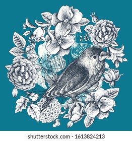 Seamless pattern. Classis vintage illustration. Blossom garden with tits. Birds and flowers. blue and gray