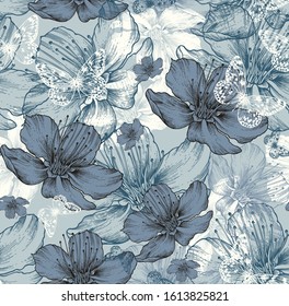 Seamless pattern. Classis vintage illustration. Blossom garden with tits. butterfly and flowers.  blue and gray