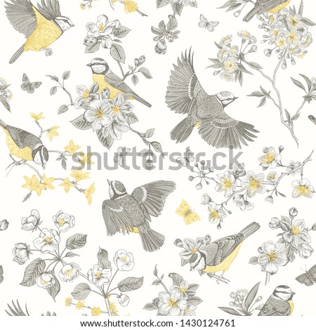 Seamless pattern. Classis vintage illustration. Blossom garden with tits. Birds and flowers. Yellow and gray