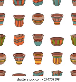 Seamless pattern with clay flower pots. Rows of ceramic pots.