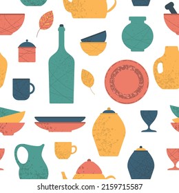 Seamless pattern of clay kitchenware icons. Abstract background of plates, cups, bowls,
dishes, glasses, jugs and vases