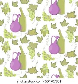 Seamless pattern with clay pitcher (jug), wine bottle and banches of grapes on the white background