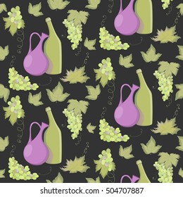 Seamless pattern with clay pitcher (jug), wine bottle and banches of grapes on the dark background