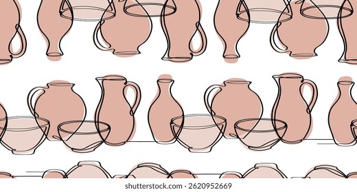 seamless pattern with clay pottery vases and bowls in line art style, natural pastel background, boho ceramic decor, minimalist earthenware texture design cards