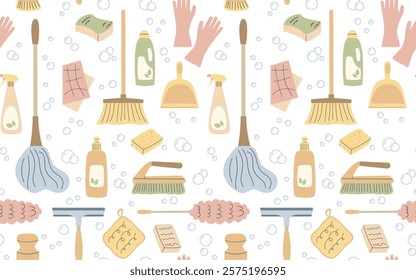 Seamless pattern with cleaning accessories and Bubbles. Cleaning service supplies in minimalistic flat design. Cleanup Brushes, gloves, mops, detergent. Household background for print and design