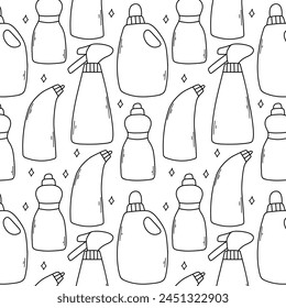 Seamless pattern with cleaning elements. Doodle pattern with detergent. Vector illustration.