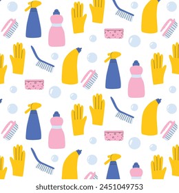 Seamless pattern with cleaning elements. Hand drawn pattern with detergent. Vector illustration.