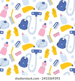 Seamless pattern with cleaning elements. Hand drawn pattern with detergent. Vector illustration.