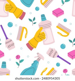 Seamless pattern with cleaning elements. Hand drawn pattern with detergent. Vector illustration.