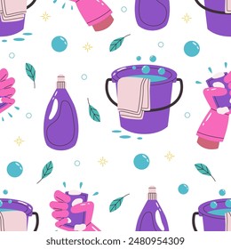 Seamless pattern with cleaning elements. Hand drawn pattern with detergent, bucket of water, hand with sponge. Vector illustration.