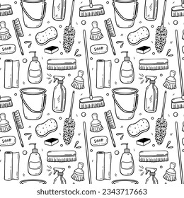 Seamless pattern with cleaning items - broom, soap, bucket, spray bottle, scrub brushes, sponges, duster. Vector hand-drawn illustration in doodle style. Perfect for print, wallpaper, decorations.