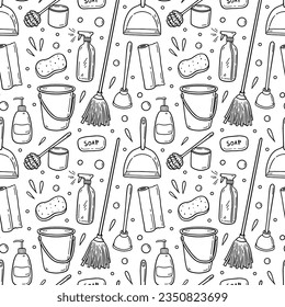 Seamless pattern with cleaning items - soap, mop, bucket, dustpan, spray bottle, toilet brush, dustpan. Vector hand-drawn illustration in doodle style. Perfect for print, wallpaper, decorations.