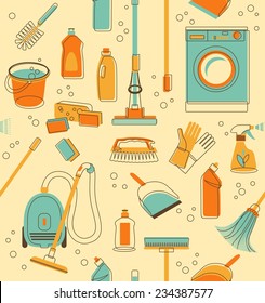 Seamless pattern of cleaning objects in vintage style
