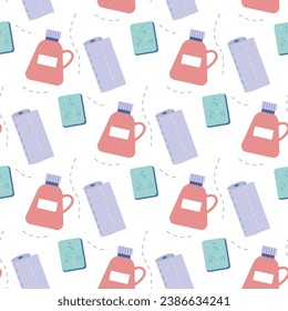 Seamless pattern cleaning products, cleaning, detergent, vector