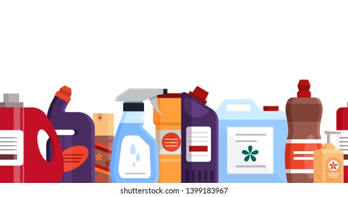 Seamless Pattern With Cleaning Tools, Detergent And Disinfectant Products, Household Equipment For Washing. Flat Vector Illustration Isolated On White Background