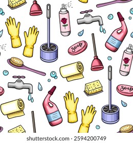 Seamless pattern with cleaning tools and detergents. Hand drawn vector background
