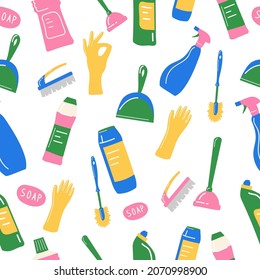  Seamless pattern with cleaning tools. Doodle. cleaning services company. Background, texture, wallpaper Vector illustration. 