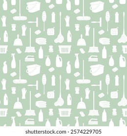 Seamless pattern with cleaning tools in eco friendly style. Cleaning supplies in minimalistic flat design. Cleanup accessories Brushes gloves mops detergent. Household background for print and design